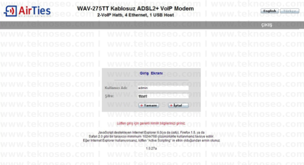 HAVA-275TT Arayüz Giriş Parolası, Havalar WAV-275TT Modem Kurulumu, Havalar WAV-275TT Kablosuz Ayarlar, Hava Durumları WAV-275TT Sıfırlama