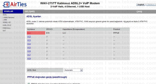 HAVA-275TT Arayüz Giriş Parolası, Havalar WAV-275TT Modem Kurulumu, Havalar WAV-275TT Kablosuz Ayarlar, Hava Durumları WAV-275TT Sıfırlama