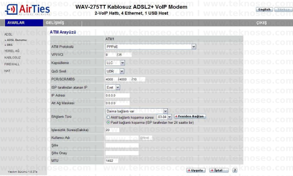 HAVA-275TT Arayüz Giriş Parolası, Havalar WAV-275TT Modem Kurulumu, Havalar WAV-275TT Kablosuz Ayarlar, Hava Durumları WAV-275TT Sıfırlama
