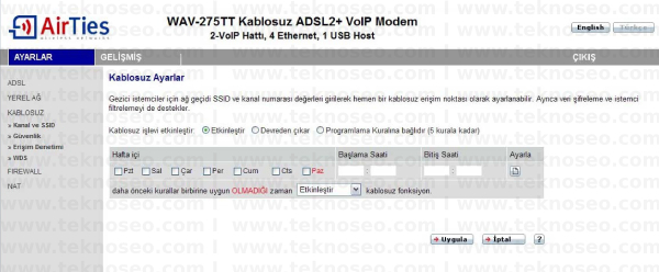 HAVA-275TT Arayüz Giriş Parolası, Havalar WAV-275TT Modem Kurulumu, Havalar WAV-275TT Kablosuz Ayarlar, Hava Durumları WAV-275TT Sıfırlama