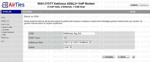 HAVA-275TT Arayüz Giriş Parolası, Havalar WAV-275TT Modem Kurulumu, Havalar WAV-275TT Kablosuz Ayarlar, Hava Durumları WAV-275TT Sıfırlama