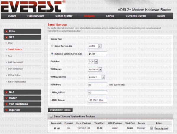 Everest SG-1850 Port Açılış, Everest SG-1850 Port Reding, Everest SG-1850 Port Açılış Resimli İfade, Everest SG-1850 Port Yönlendirme Resimli İfade